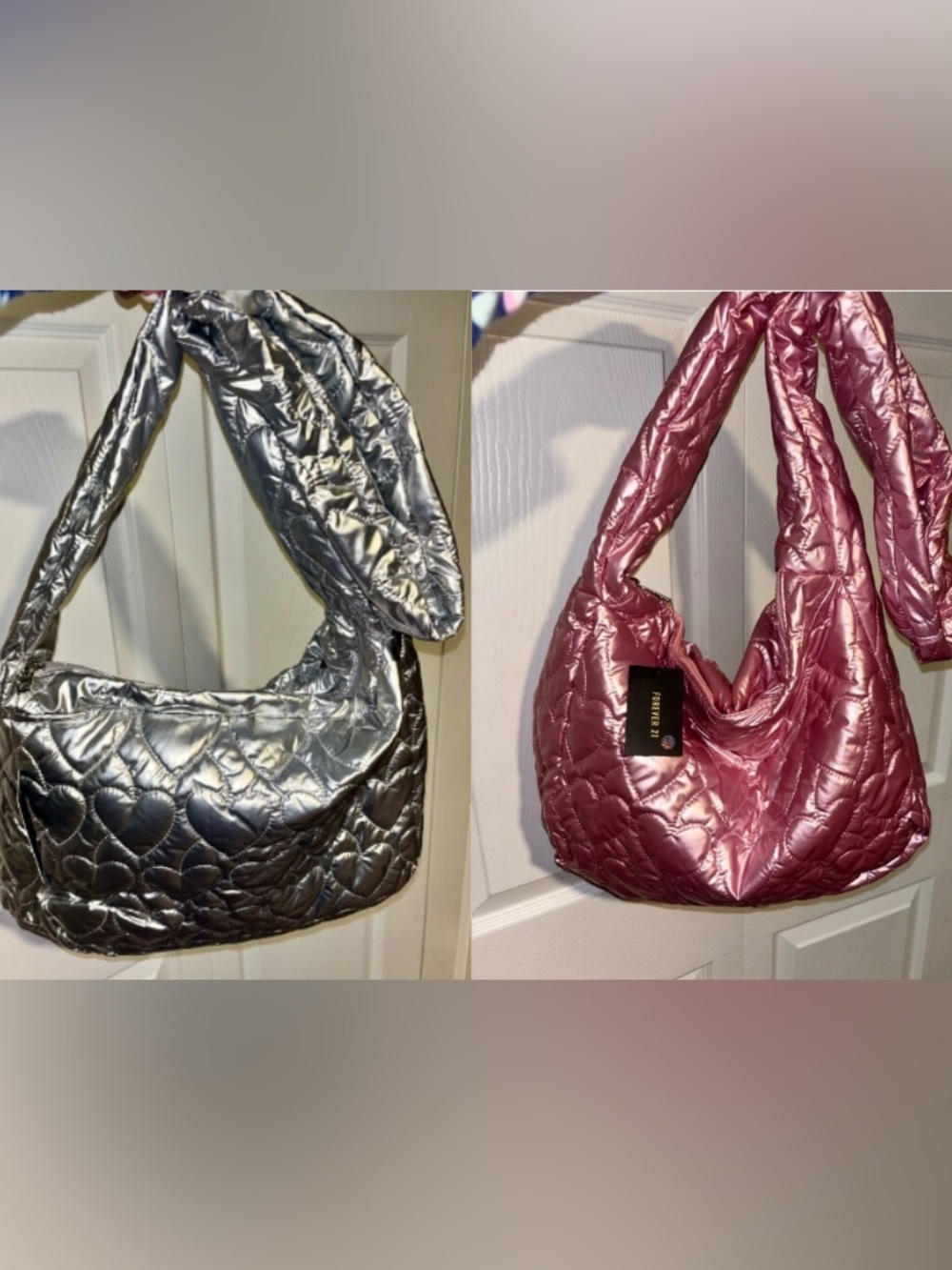Bundle of Quilted Hearts Silver and Pink Metallic Crossbody Handbag Purse